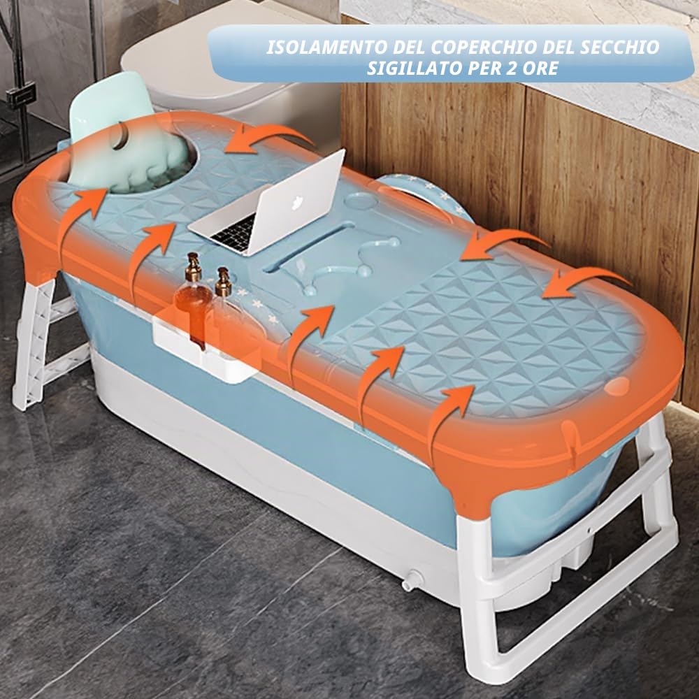 Vasca da bagno pieghevole per adulti - Portatile - Vasca da bagno mobile pieghevole con coperchio e rulli massaggianti - Portasapone - Per bagno e doccia (118 x 60 x 53 cmblu)