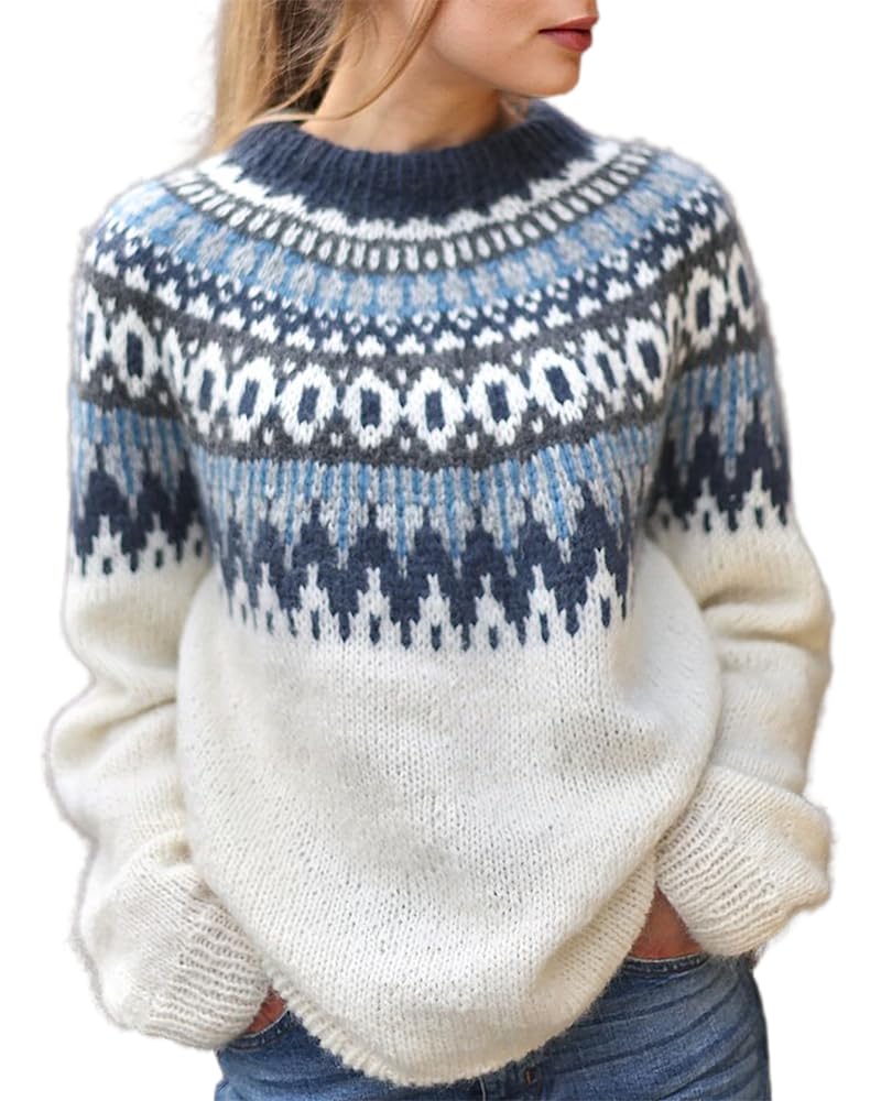 Womens Fair Isle Sweaters Vintage Argyle Iceland Norway Sweater Colorful Crew Neck Long Sleeve Pullover Jumper Tops