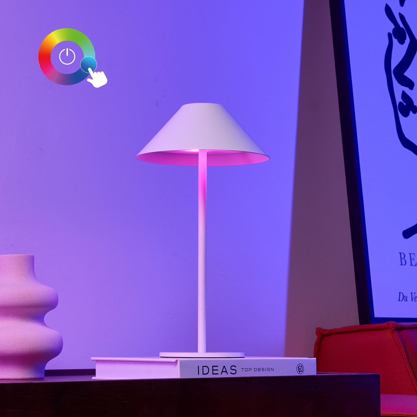 Bojim Cordless RGB Table Lamp, Bedside Touch Lamp for Bedroom 3 Color Dimmable Warm White Light with 10 RGB Color Changing Mode, Battery Operated Small Table Lamp for Nightstand/Christmas Gift