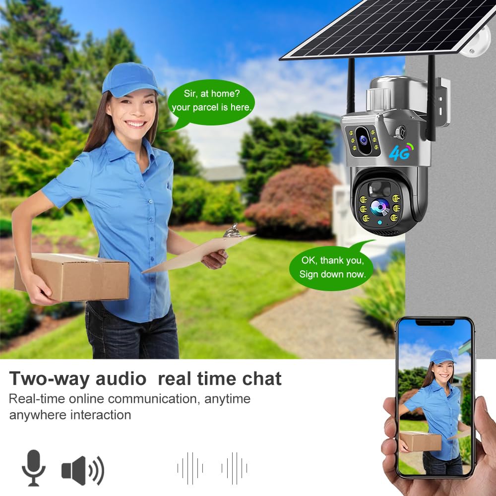 Cámara de Vigilancia Solar 4G Para Exterior, Cámara PTZ Inalámbrica Con Doble Lente y Doble Pantalla, Audio Bidireccional, Detección de Movimiento, Visión Nocturna, IP66 Impermeabile