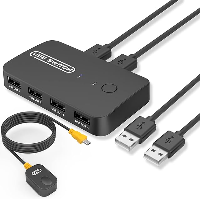 eppfun USB KVM Switch Selector for 2 Computers & Sharing 4 USB Devices for Mouse, Keyboard, Scanner, Printer, PCs with One-Button Switch, Support USB Audio Adapter (2PC/4 USB)