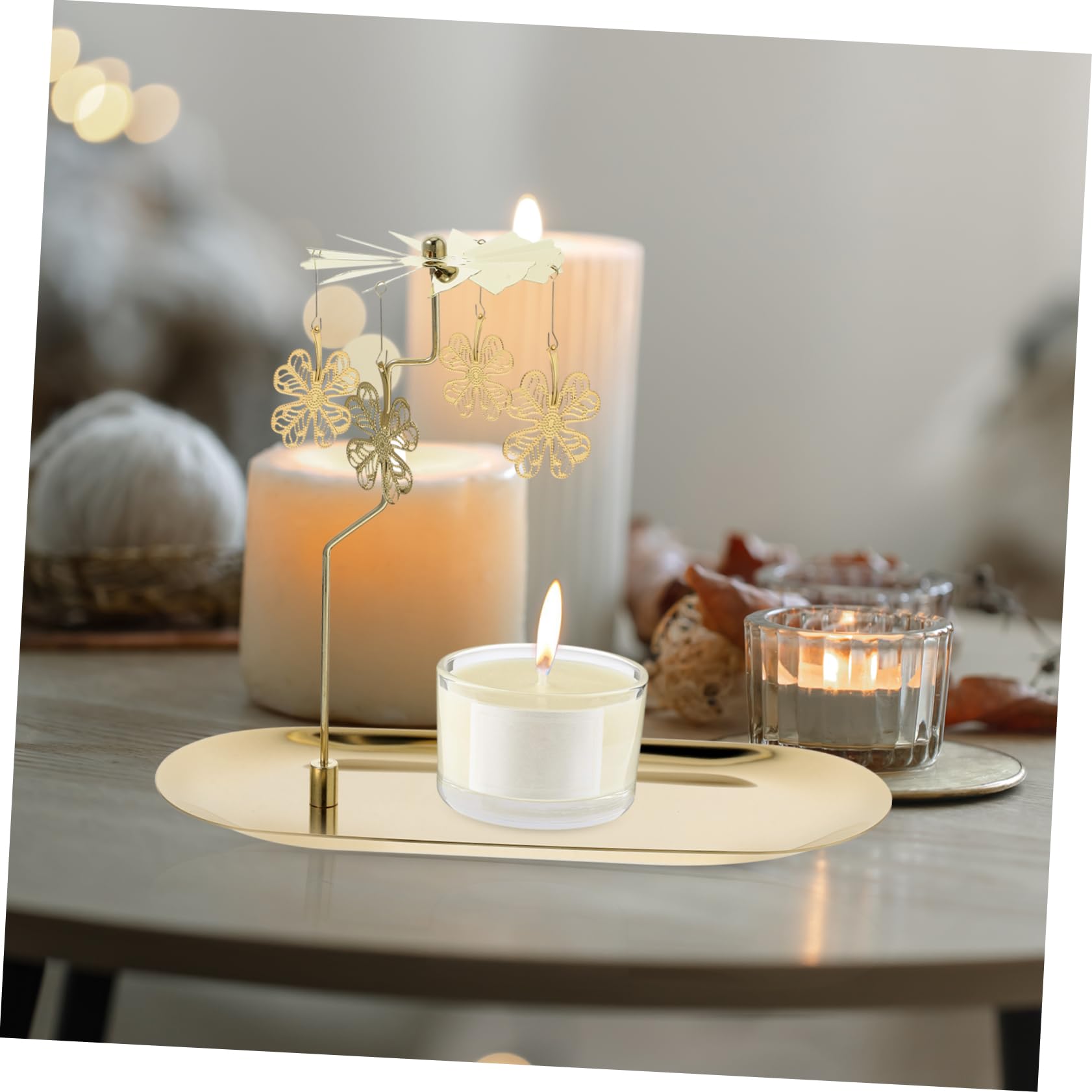 Candelabro Giratorio de Hierro con Bandeja, Dorado | Centro de Mesa Decorativo, sin Alimentación Eléctrica, para Bodas y Navidad