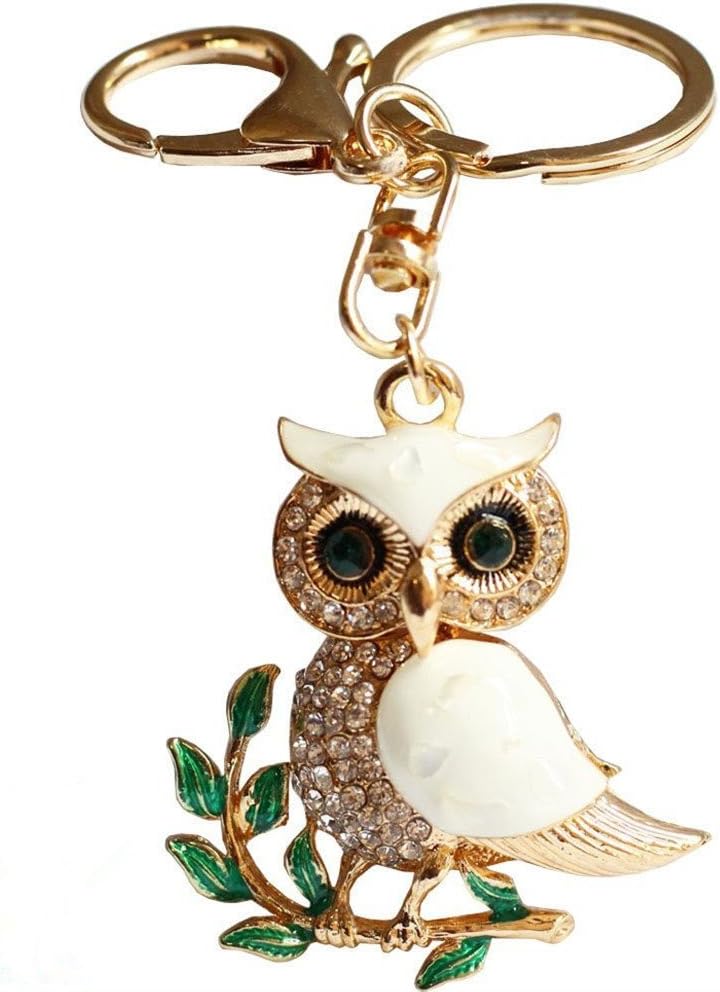 CezesujaCute Owl Keychain Metal Key Ring on Leaves Crystal Rhinestone Sparkling Charm Blingbling Pendant car Keychains Key Holder Women Girls Handbag Decoration Gift Box Packed