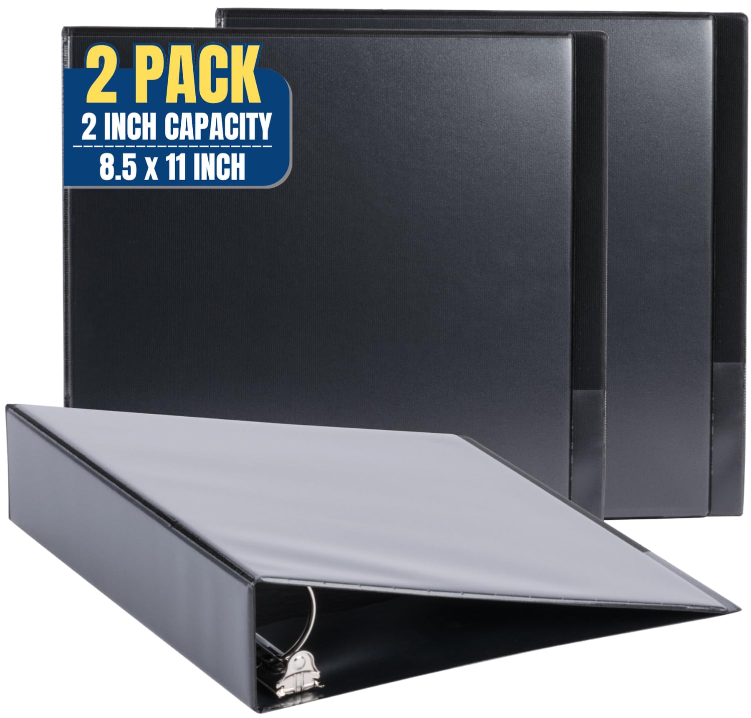 1InTheOffice 2 Inch 3 Ring Binder, D Ring Binder, View Binder with Label Holder, 8.5" x 11", 2" Capacity, Black, 2 Pack