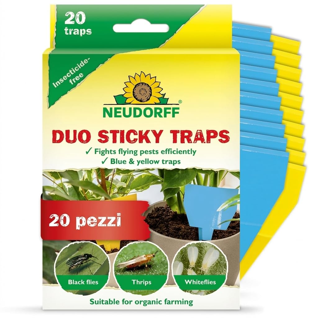 Neudorff Duo Sticky Traps – Trappole adesive blu contro i tripidi e trappole adesive gialle contro i moscerini sciaridi. Senza insetticidi, 20 pezzi