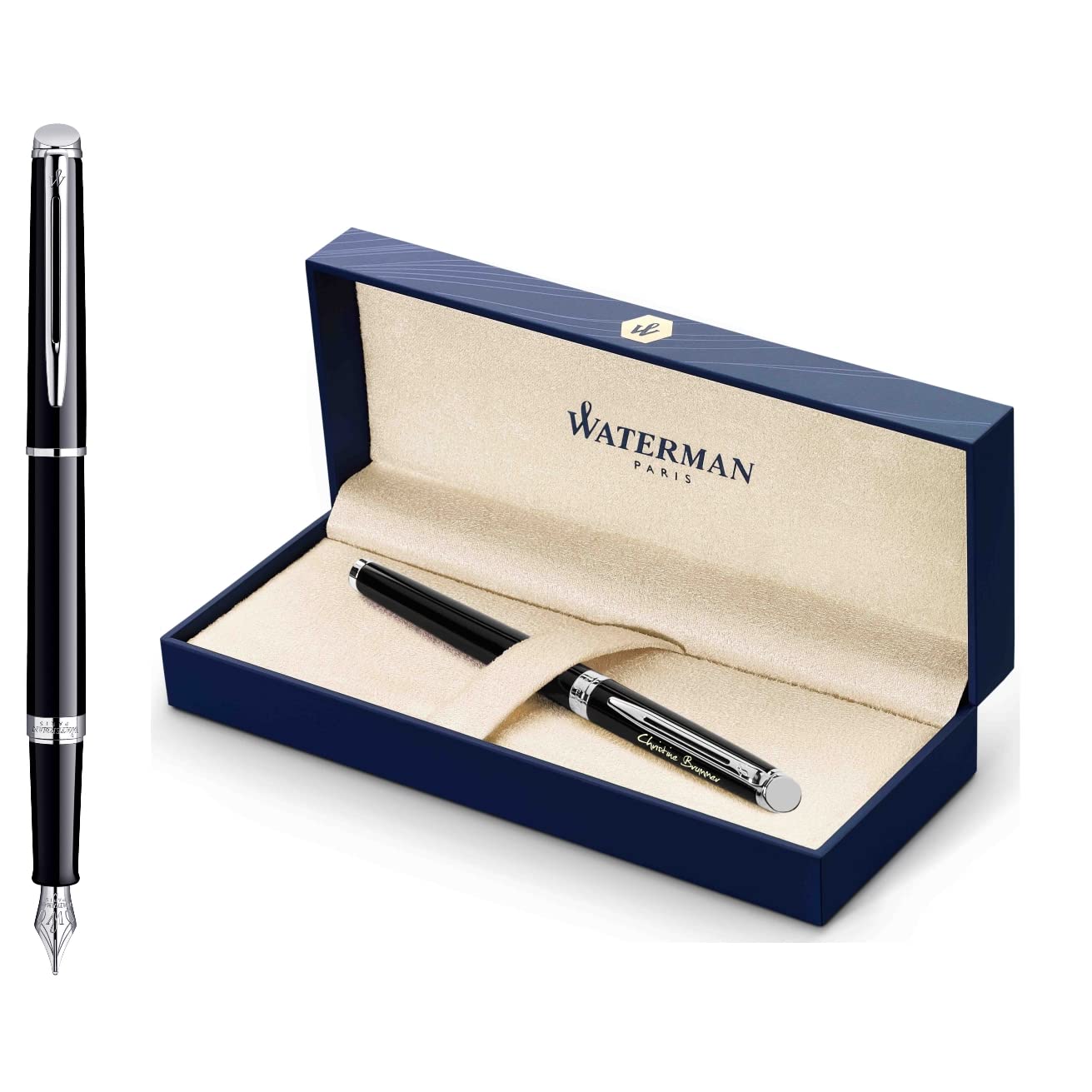 Waterman Hémisphère Stylo Plume avec Gravure | Cadeau pour Homme et Femme | Inspiré de la Mode Parisienne | Personnalisé | Gravé | Encre Bleue | Pointe Moyenne (Laque Noire C.C.)