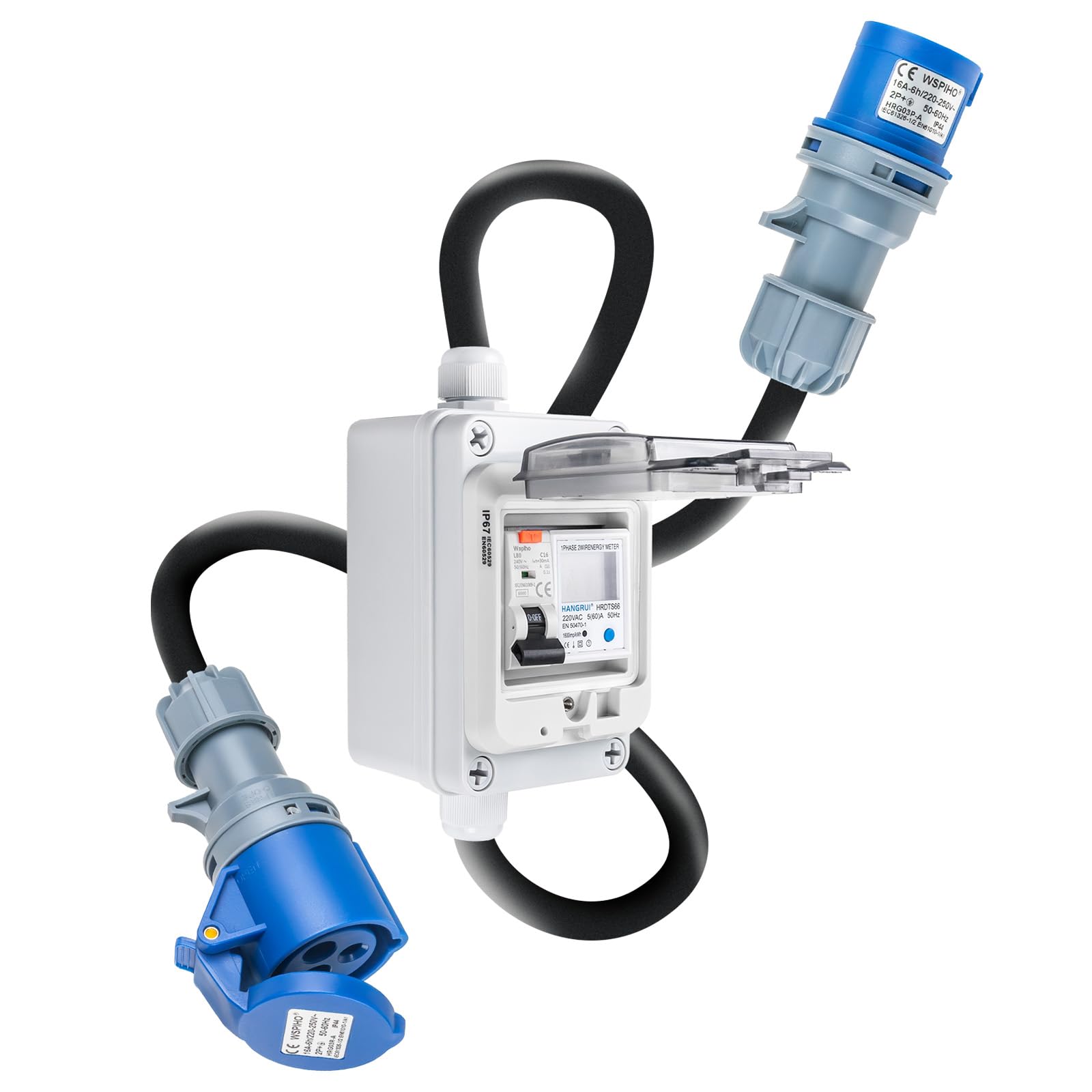 230 VAC 16 A medidor de corriente digital móvil para toma de corriente con interruptor de seguridad FI tipo A, CEE 3 pines 16A enchufe a CEE 16A acoplamiento, contador intermedio con carcasa de