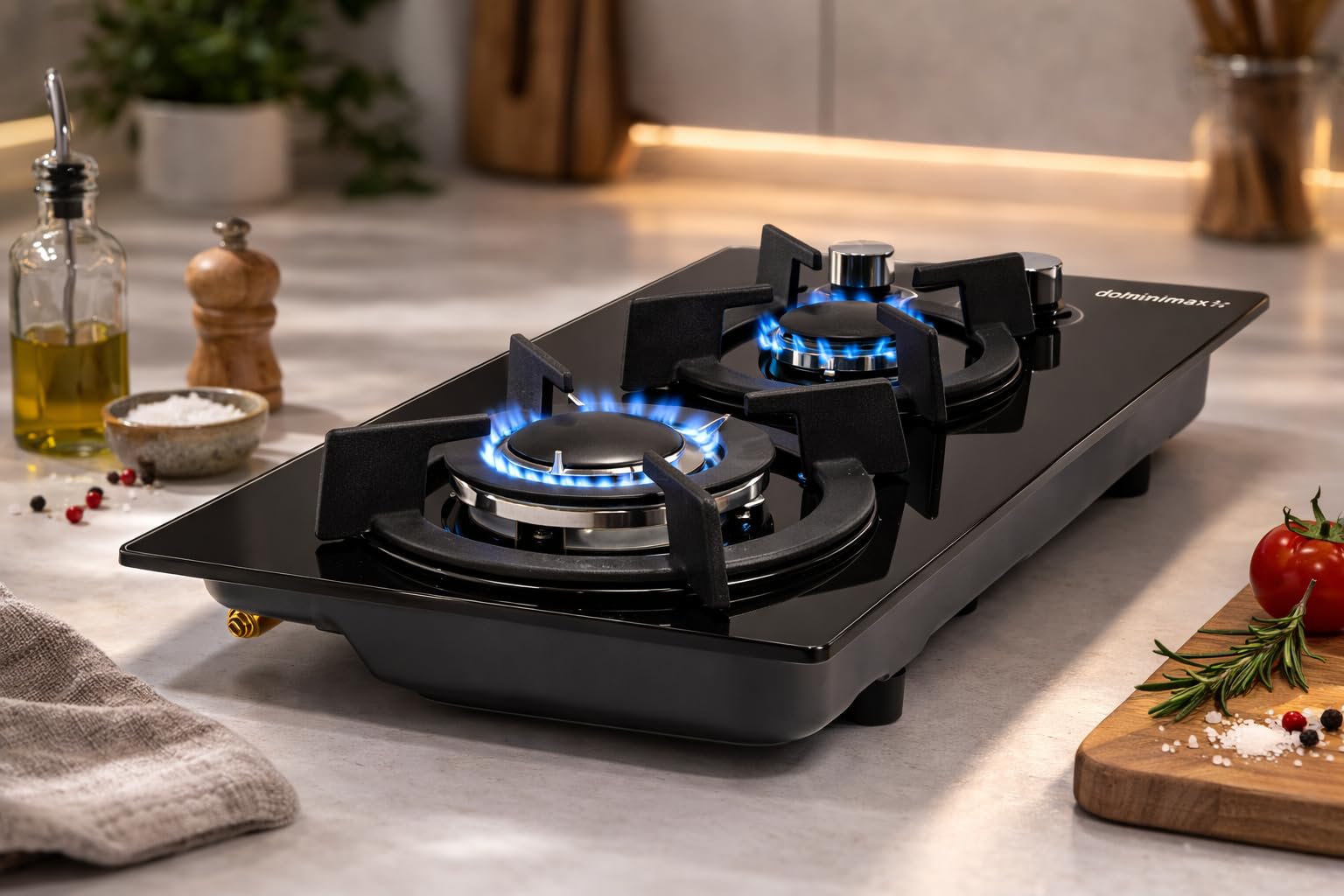 Wynwood Bellatrix Placa De Cocina De Gas 2 Quemadores Cristal Templado 7mm Encimera Gas GPL Con Soporte Hierro Fundido Quemador Sabaf 3.3kW + 1kW Encendido Automático Integrable — view 4