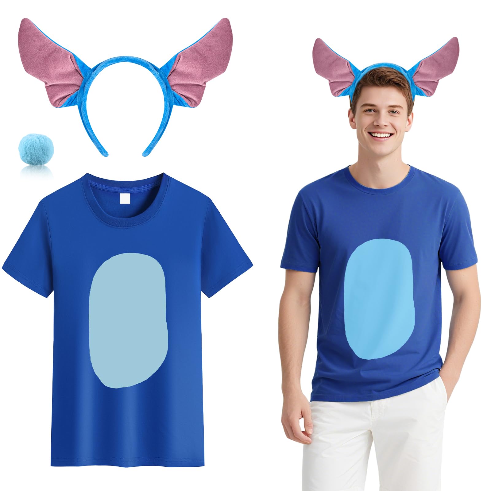 3Pcs Animal Costumes Set for Adults, Cartoon Fancy Dress Kit with Blue T-shirt Headband Furry Tail, Cute Cosplay Accessories for Halloween Party Dress Up Day Carnival World Book Day