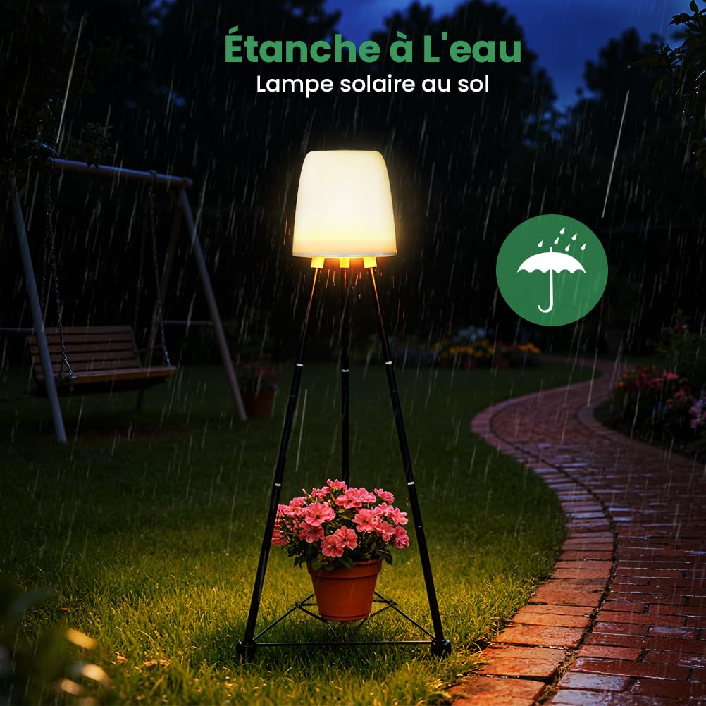 Lampadaire Solaire Exterieur RVB et Blanc Chaud, Étanche Lampe Exterieur sur Pied avec Capteur de Lumière et Trépied, Peut Contenir des Pots de Fleurs, pour Jardin, Cour, Chemin, Terrasse, Piscine