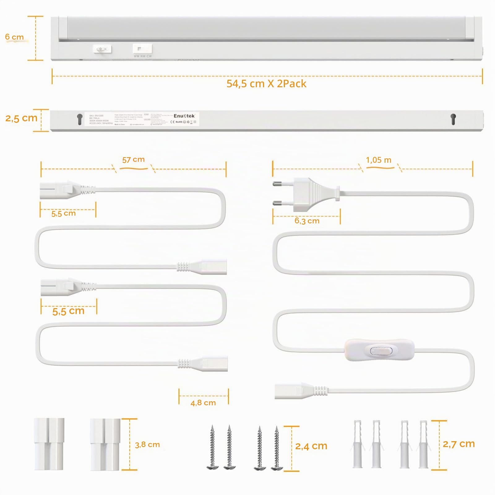 ENUOTEK Réglette LED Cuisine Sous Meuble 2pcs, 545MM Eclairage Sous Meuble, Barre LED Lumineuse 3 Couleurs de Lumière Réglables 3000K-4000K-6500K, 8W 750Lm, Pour la Cuisine, la Salle de Bains