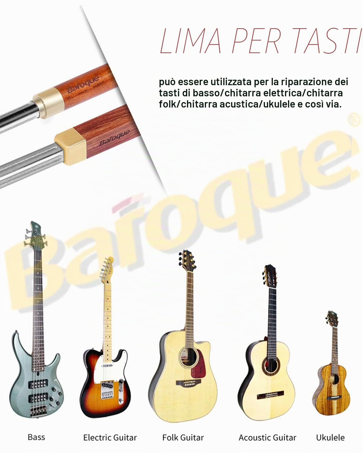 Lima per coronazione dei tasti barocco, diamantata, per chitarra, chitarra, basso, banjo, mandolino