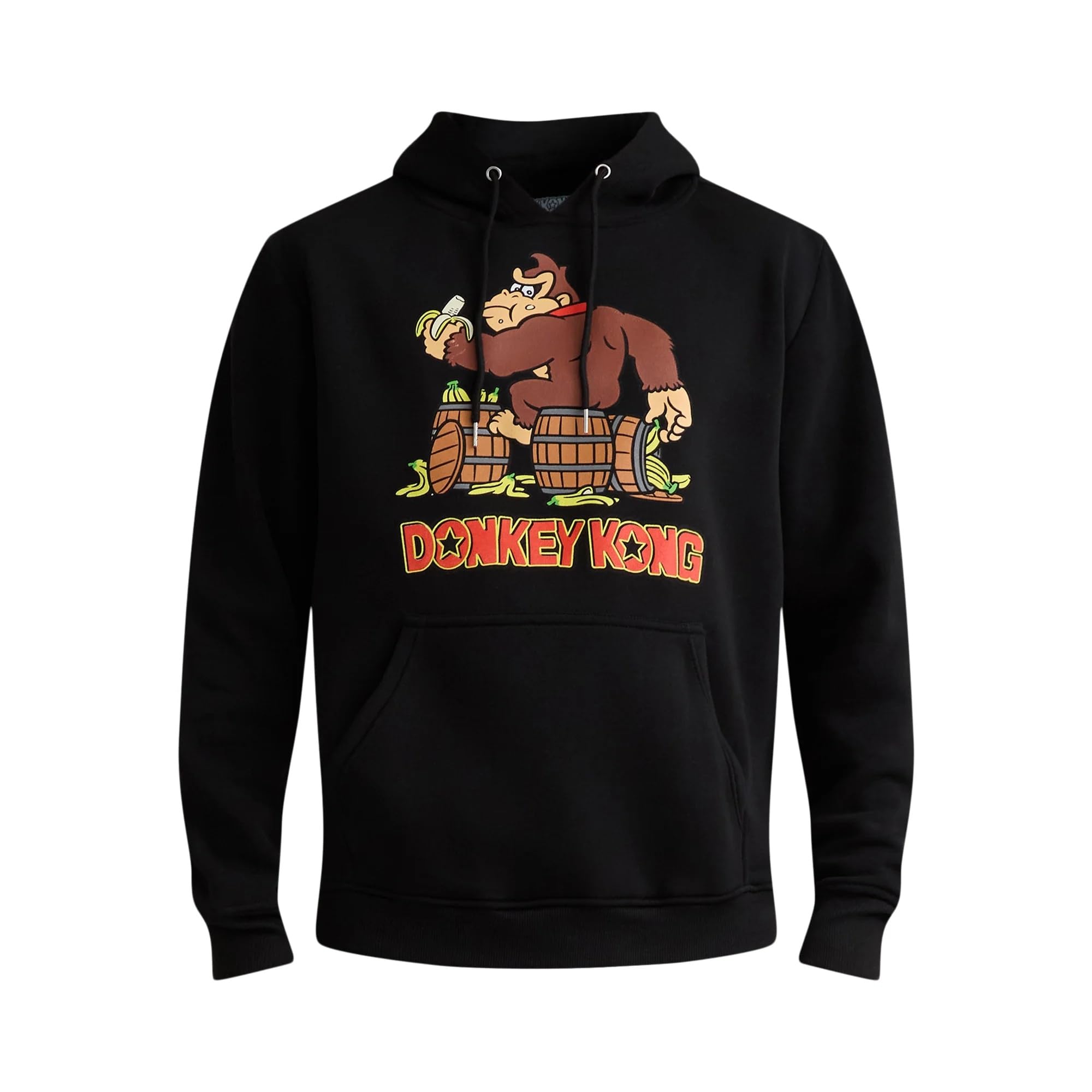 Nintendo Super Mario Donkey Kong Hoodie for Men, Fleece Donkey Kong Banana and Barrels Character Hoodie, DK Sweatshirt, Black, L
