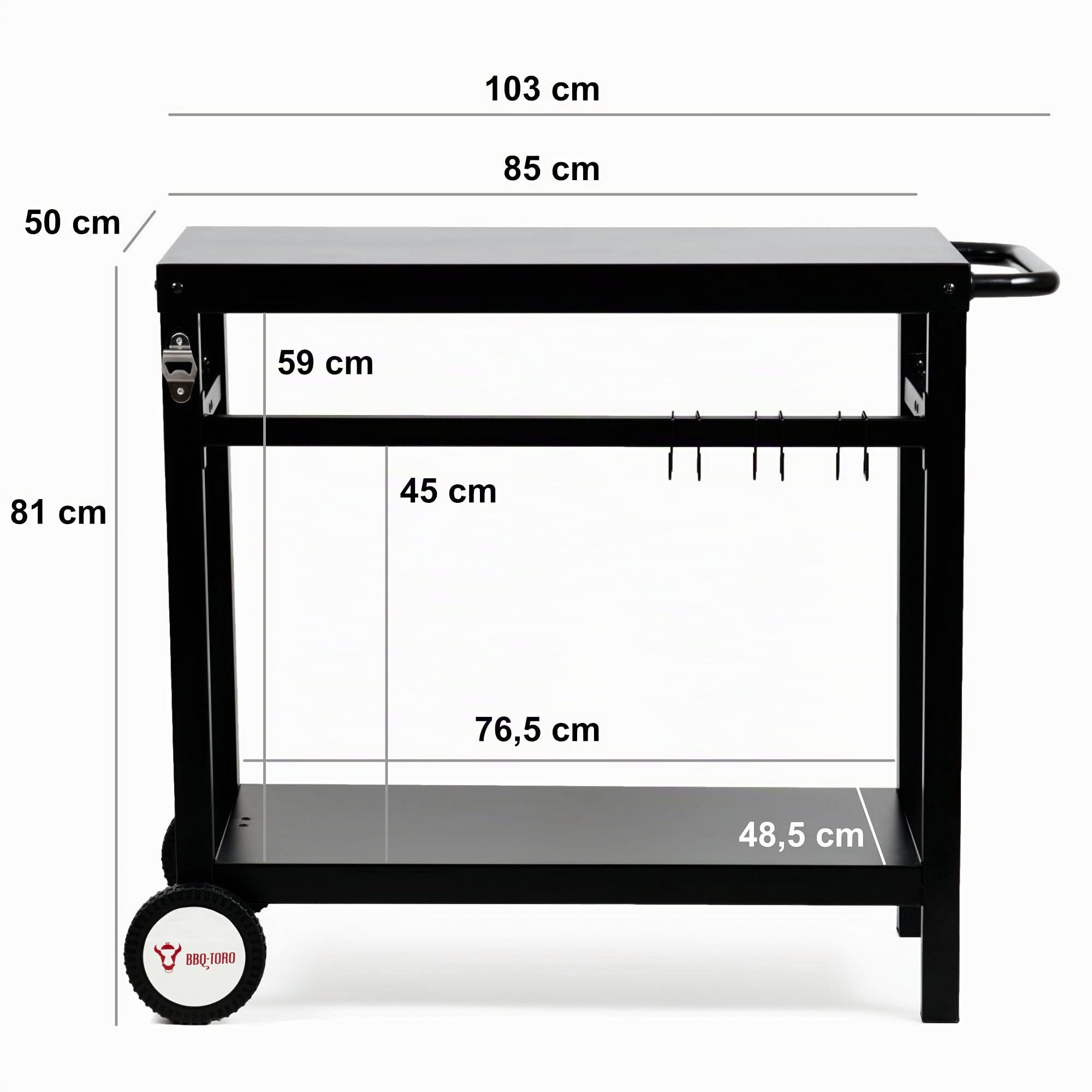 BBQ-Toro Carro de Barbacoa | 85 x 50 x 81 cm | Color Negro | Carro con Ruedas | Cocina al Aire Libre | Mesa Auxiliar | Carrito de Barbacoa, Terraza, Jardín | Mesa de Barbacoa Exterior