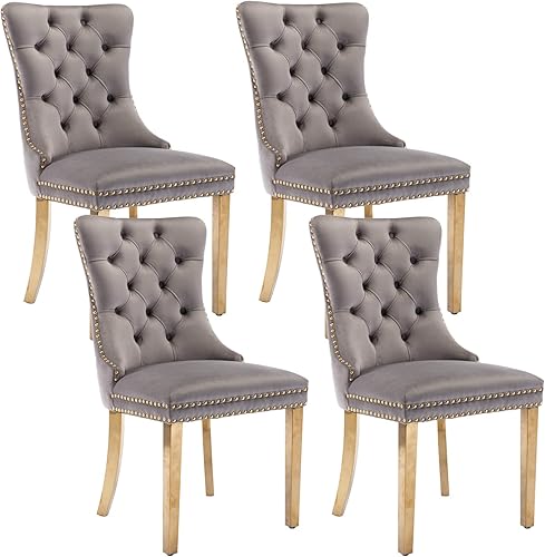 Miniatura 28 de Juego de 4 sillas de comedor de terciopelo beige, sillas tapizadas modernas para comedor con respaldo capitoné y acentos de madera, patas curvas de