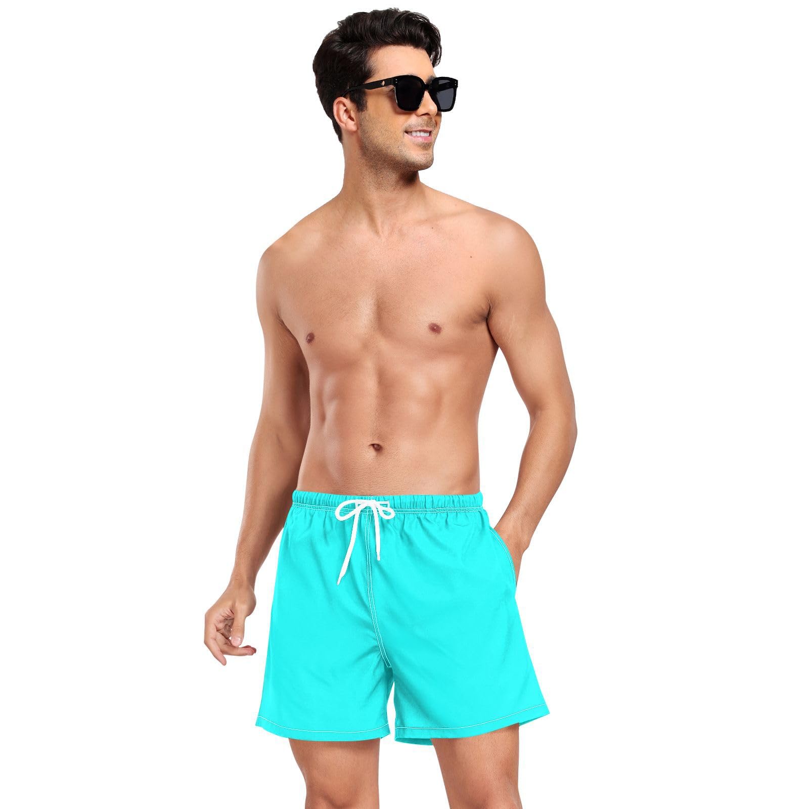 Solid Color Pure Cyan Plain AquaMen's Swimming Trunks Men's Lined Workout Shorts with Pockets and Compression Liner Volleyball Shorts Lightweight