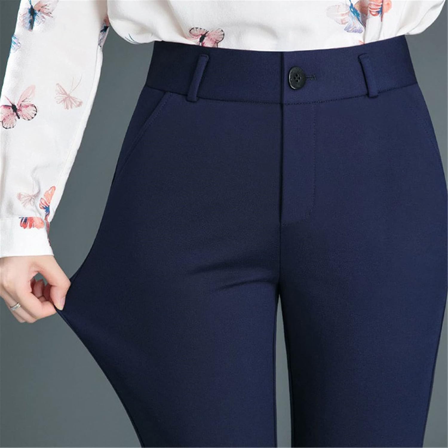 Kelsiop Spring and Autumn Casual Button Elastic Mid-Waist Straight-Leg Pants Office Workers Quick-Drying Suit Pants