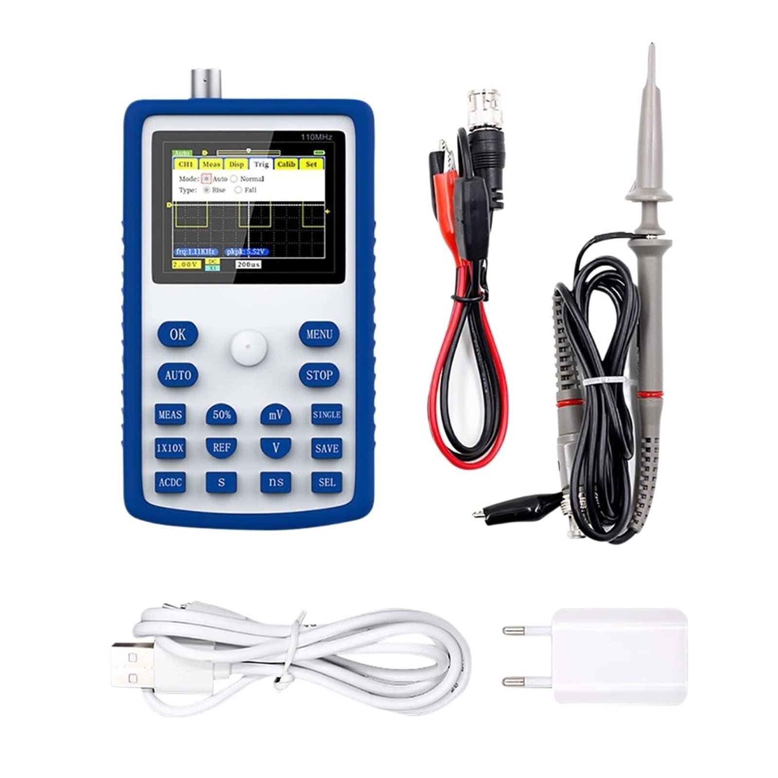 Generador de señal Actual Osciloscopio Digital de Mano 500 MS/s Tasa de muestreo 110 MHz Ancho de Banda analógico Almacenamiento de Forma de Onda Pantalla de 2,4 Pulgadas