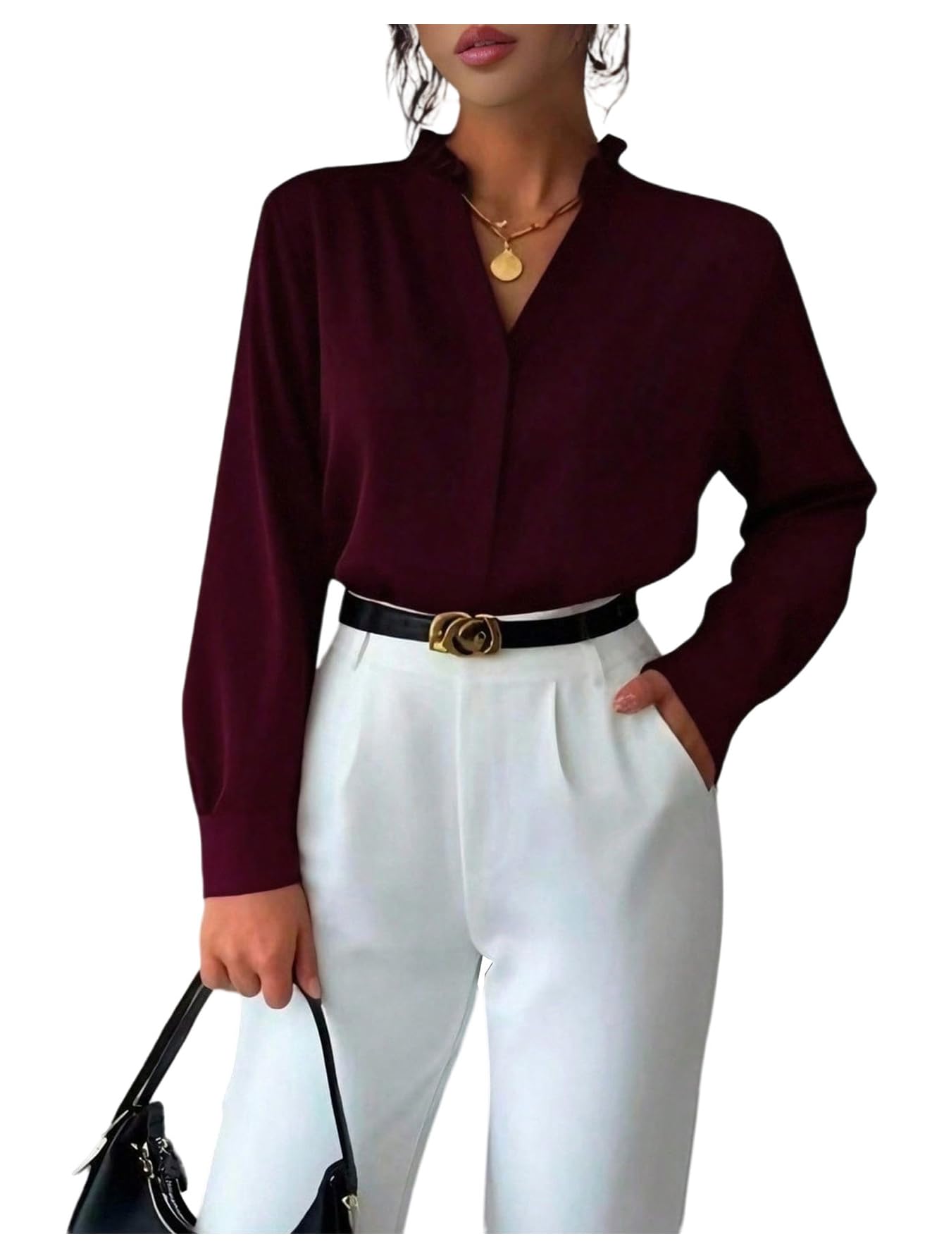 WDIRARA Womens Notch V Neck Blouse Long Sleeve Business Work Shirts Dressy Tops