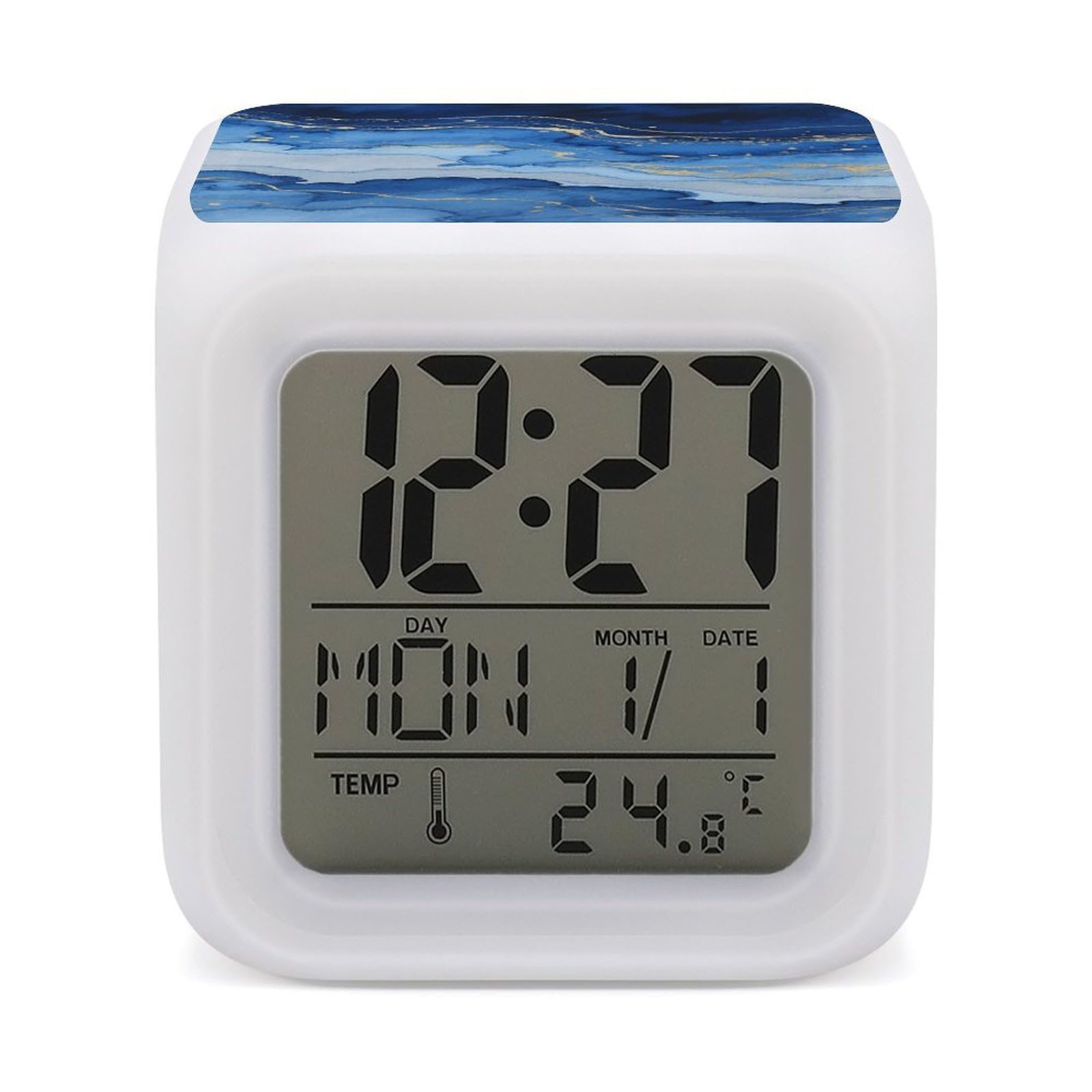 VstaDank Abstract Blue Marble Watercolor Digital Alarm Clock LED Display Screen Color Change Alarms Clock Smart Alarm Clock Wake Up Digital Clocks with 7 Color Nightlight for Bedroom