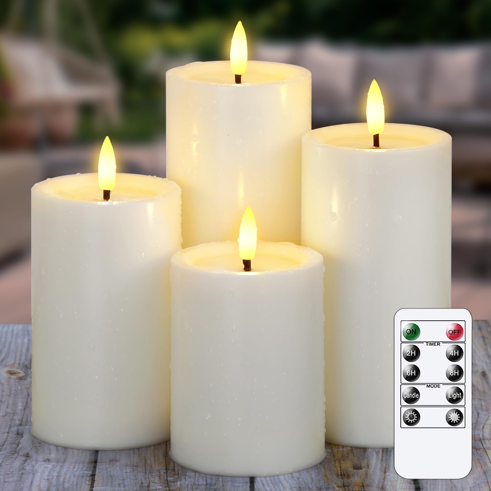 Wroxipel Wasserdichte Flackernde Automatische Tages-Timerfunktion Elfenbein Plastik Flammlose LED-Kerzen mit Wachsöl, 7,5cm x 10/12,5/15/17,5cm Batteriebetrieb Fernbedienung (4er-Pack)