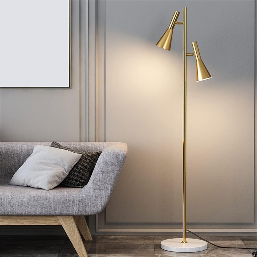Unieke vloerlamp goudkleurige led hoogpolige lamp met 2 verstelbare ijzeren lampenkap hoge voetlamp stevige marmeren voet staande lamp