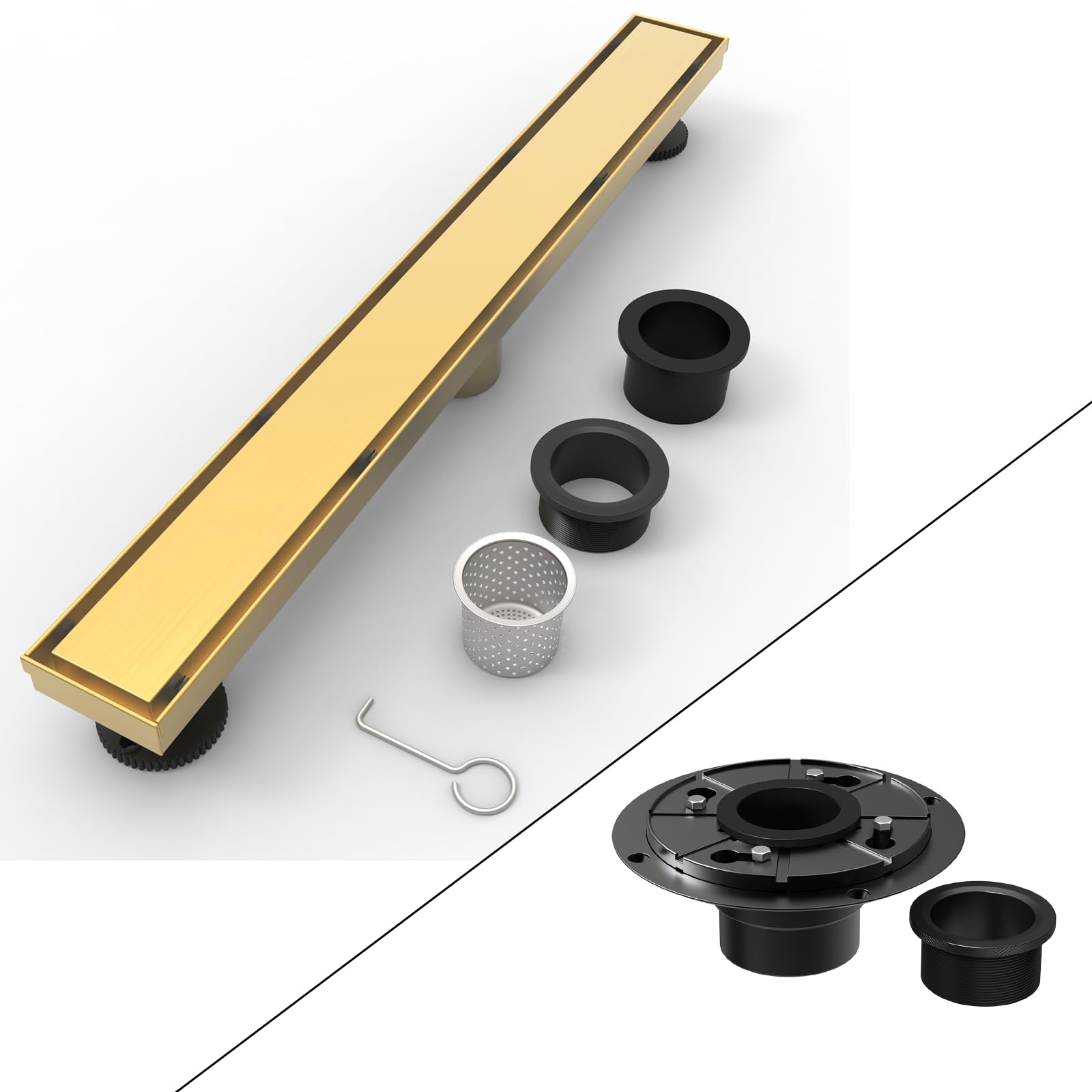 WEBANG ABS and PVC Material Shower Floor Drain Base Flange with Rubber Coupler & 24 Inch 2-in-1 Tile Insert Cover Shower Linear Drain Brushed Gold