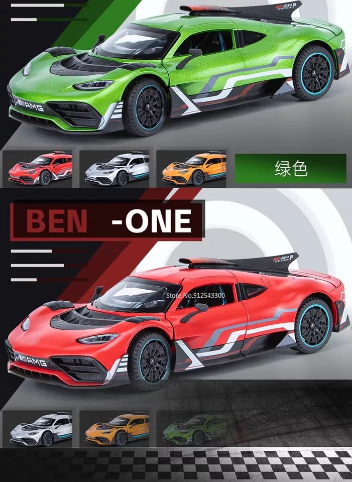 Image of 1:24 AMG ONE Diecast Metal Car Pull Back Alloy Model Toy with Openable Doors Lights & Sound Realistic Collectible Supercar Gift for Kids Boys & Car Enthusiasts (Green)