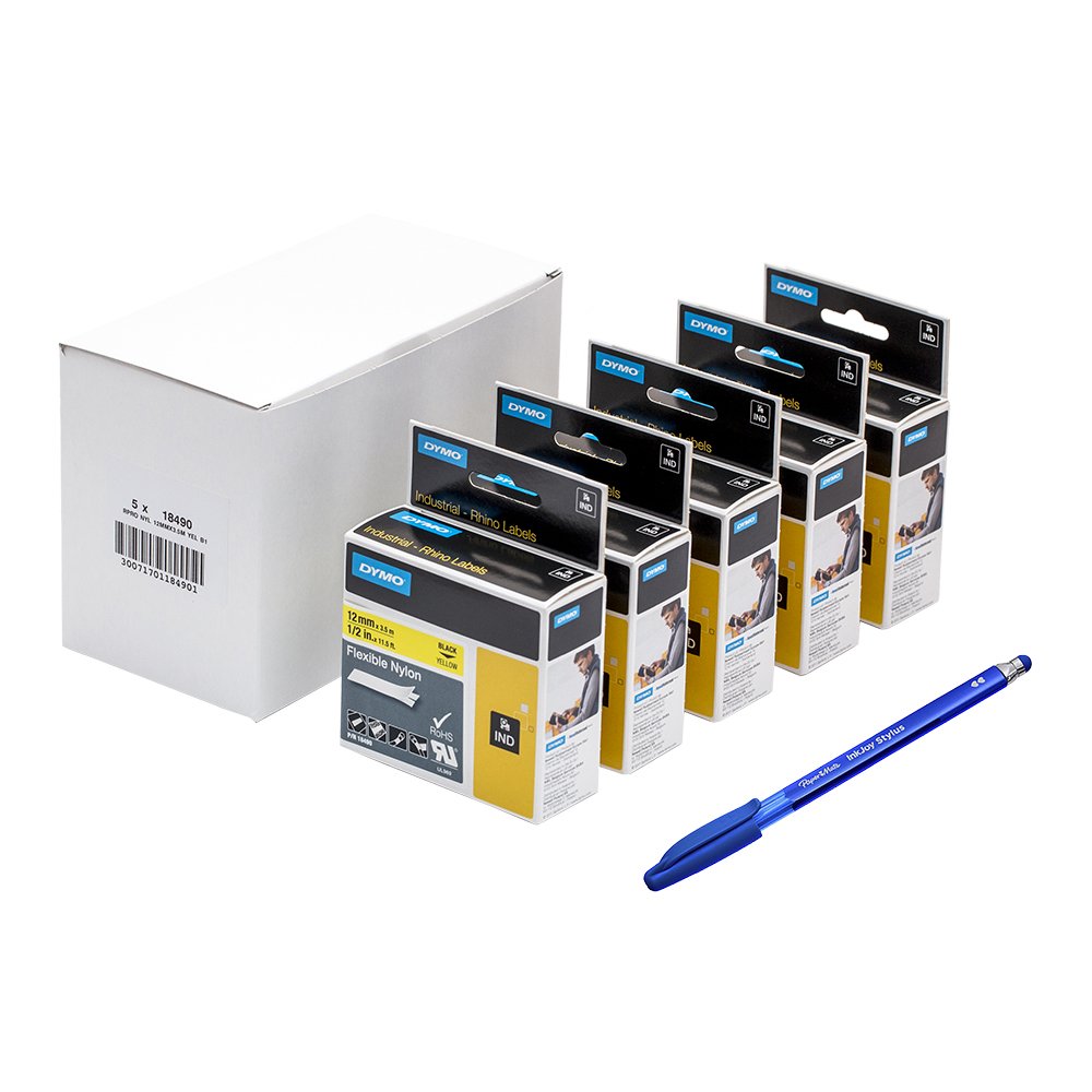 Dymo 18490 Rhino Industrieletiketten, flexibel, Nylon, 12 mm x 3,5 m, Schwarz auf Gelb, 5 Stück