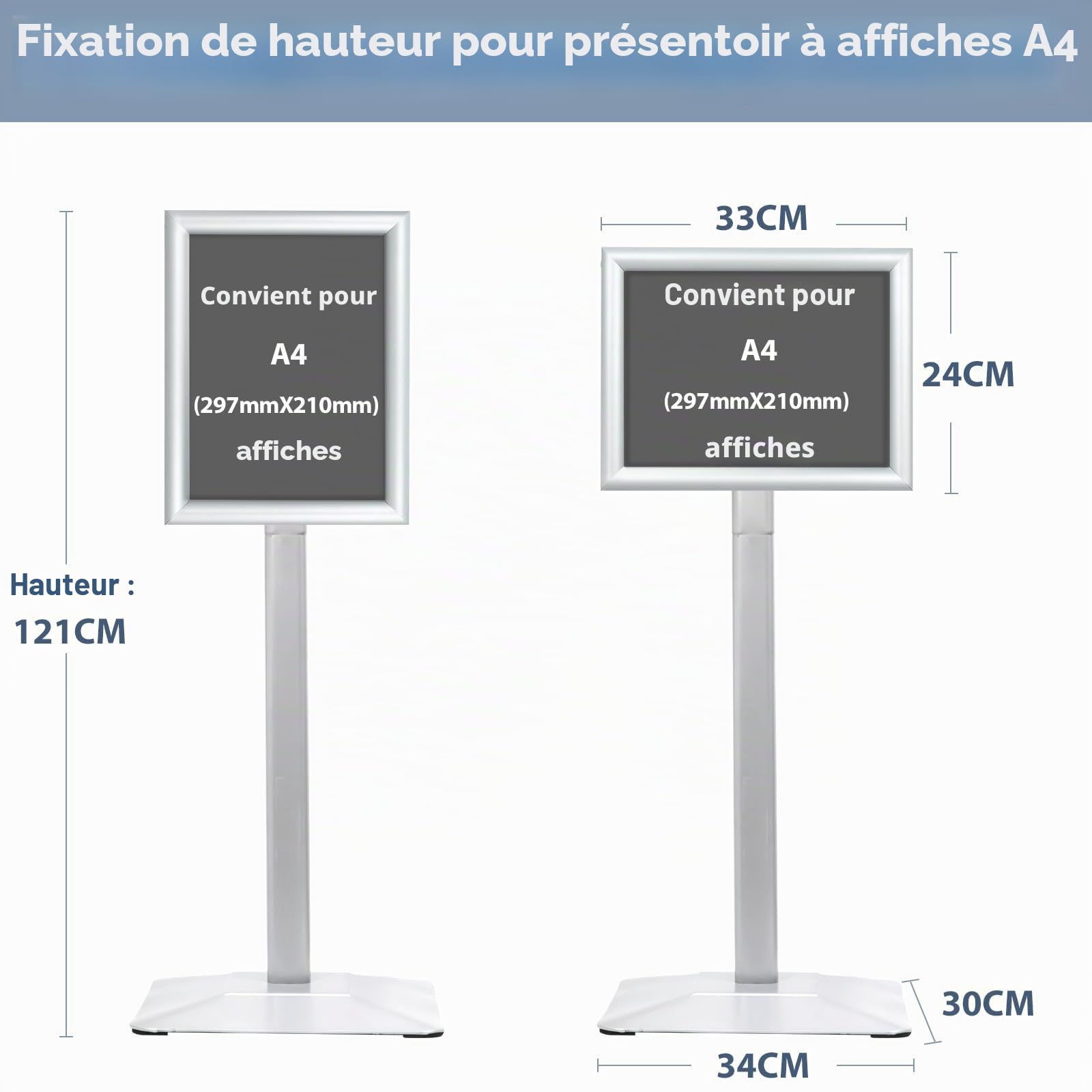 Porte affiche a4 sur pied support de support de panneau robuste Panneau de sol de sol, présentoir d’affiches Panneaux debout en aluminium avec feuille de PVC et socle robuste, argent