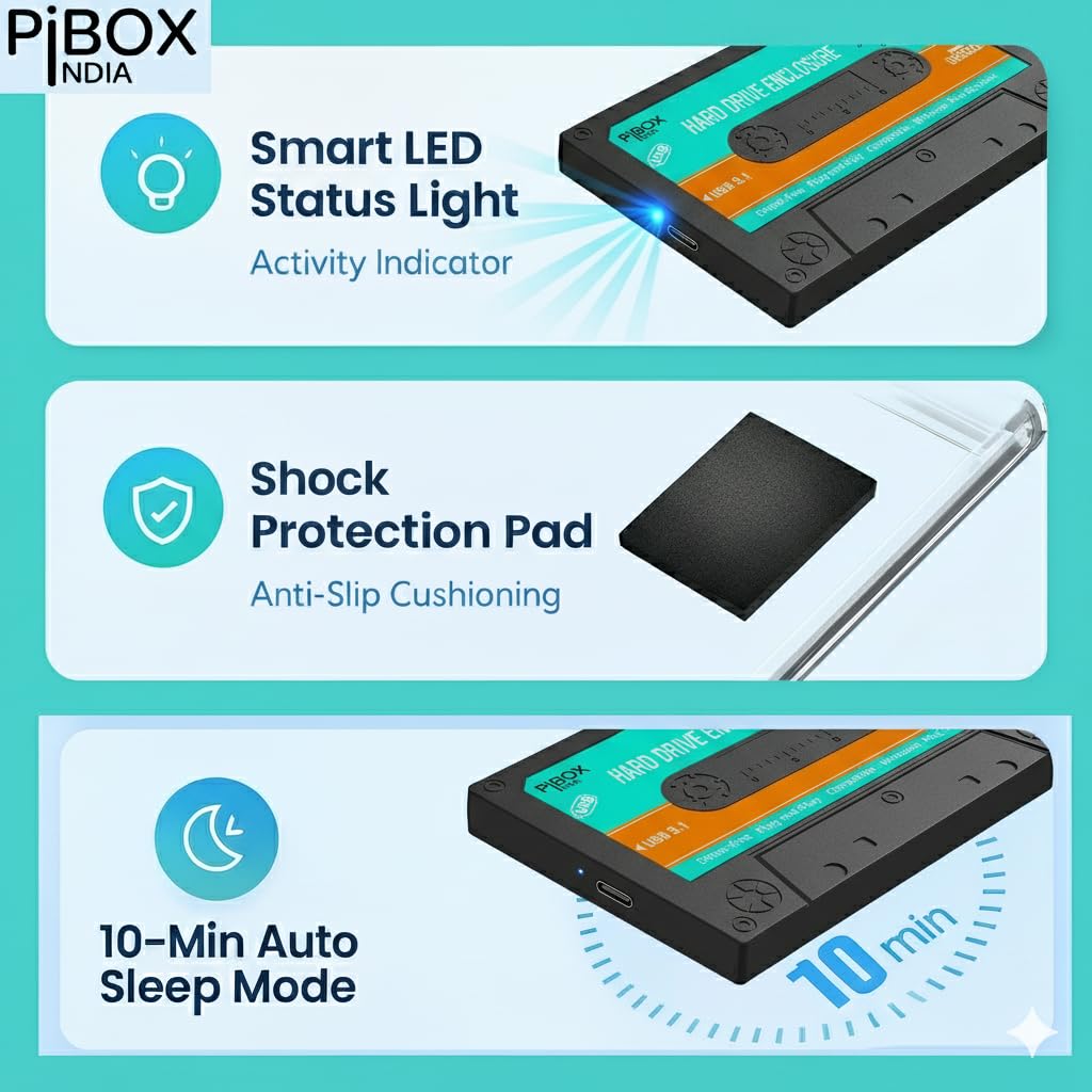 PiBOX 2.5 inch Hard Drive Enclosure Type C with OTG Adapter - Retro Casette, PiBOX India 6Gbps USB 3.1 to SATA III Tool-Free External Hard Drive Enclosure for 7mm/9.5mm 2.5" SSD Laptop HDD with UASP — Amazon image 3