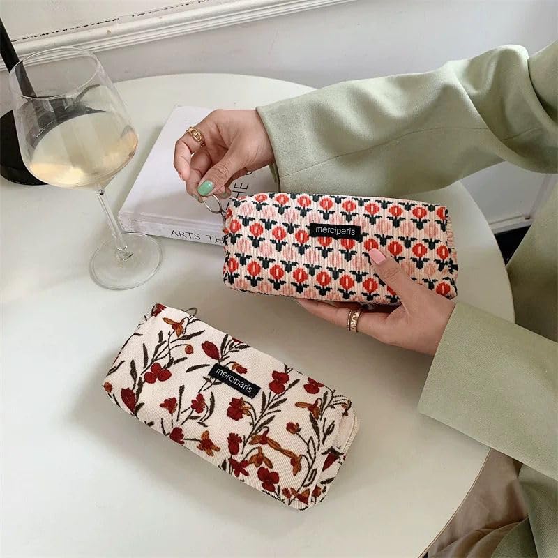 Image of Flower Prints Pencil Pen Pouch Purse Bag Cosmetic Case Organizer Soft Cotton Canvas (A)