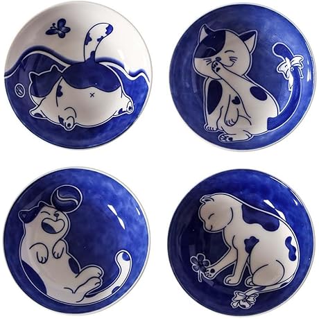 Cute Cat Ceramic Flying Saucers Candy Dish, 4 Inch Serving Sushi Seasoning Soy Sauce Dish