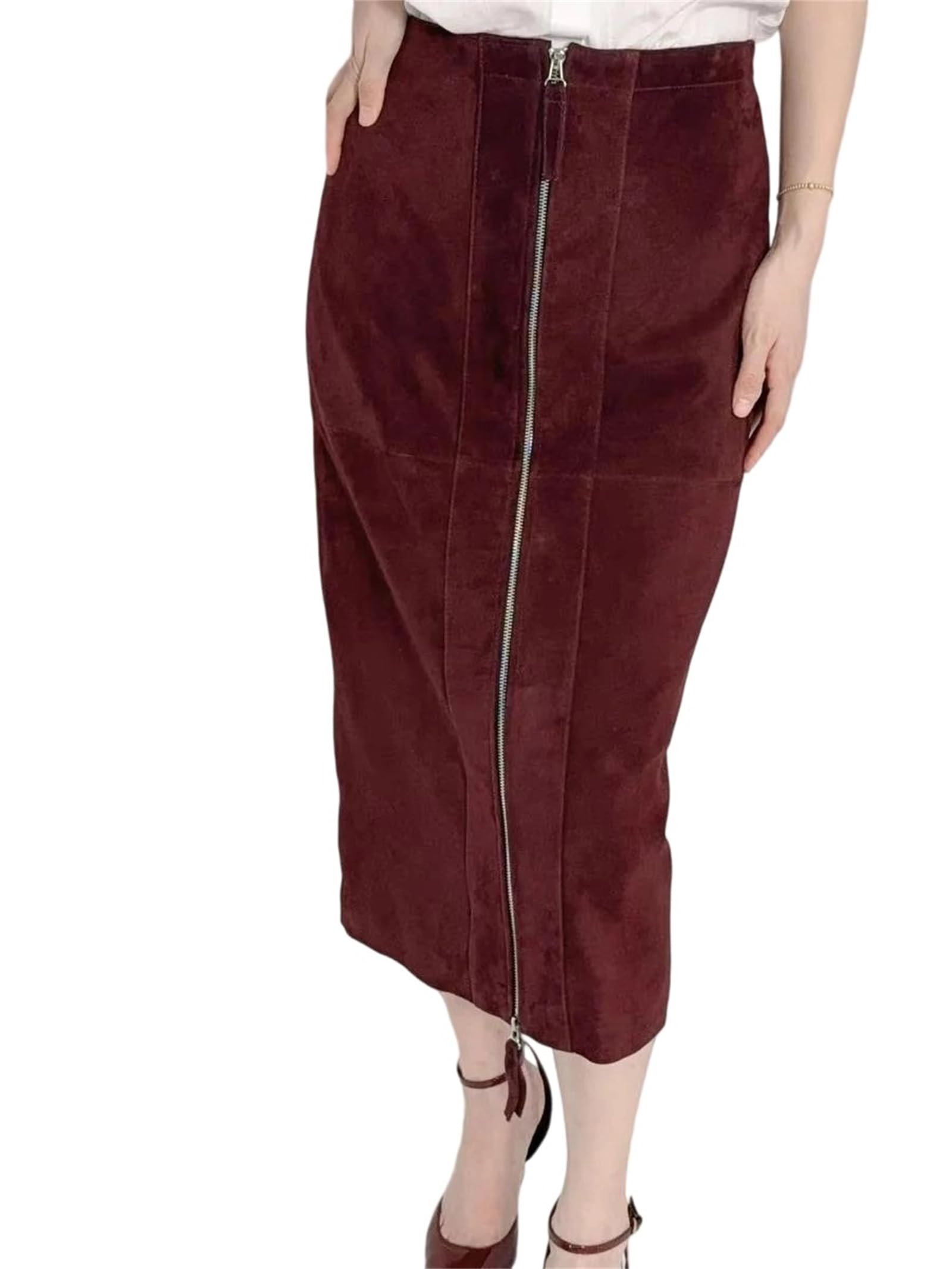 Womens Slim Fit Straight Midi Skirt High Waist Double Sided Zipper Split Elegant Suede Style Long Skirt for