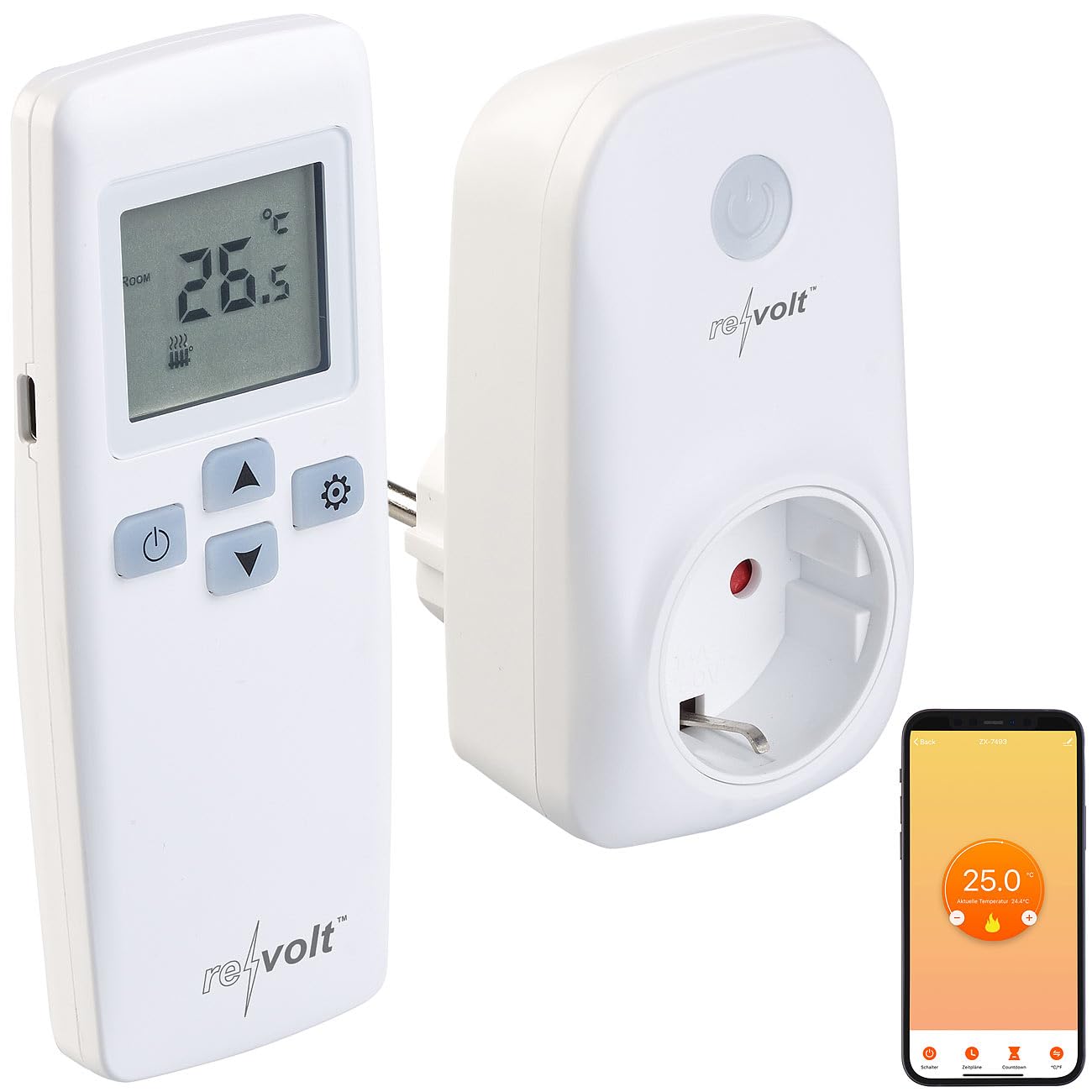 revolt Funkthermostat: WLAN-Steckdosen-Thermostat mit Sensor-Fernbedienung, App, Sprachbefehl (Funk-Thermostat Steckdose, 230V, Infrarotheizung)