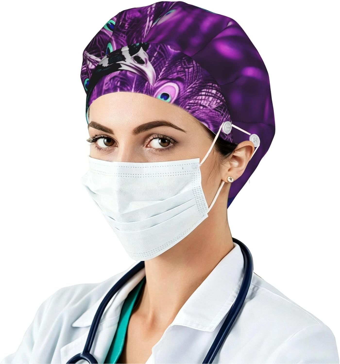 Purple Peacock Bouffant Cap with Buttons, Sweatband Cap