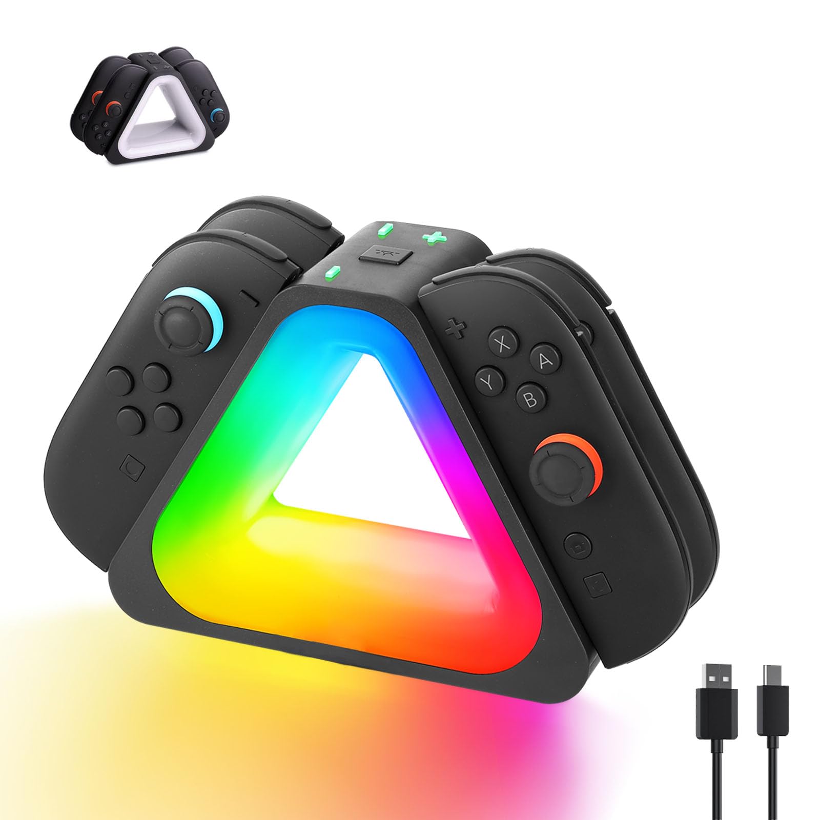 Dock de Charge pour Switch 2,4-en-1 Nintndos Switch 2 Station de Charge avec 7 Couleurs lumières RVB,Charge Rapide USB-C PD avec câble,Charges 4 contrôleurs Joy-Cons,Design de Voyage Portable