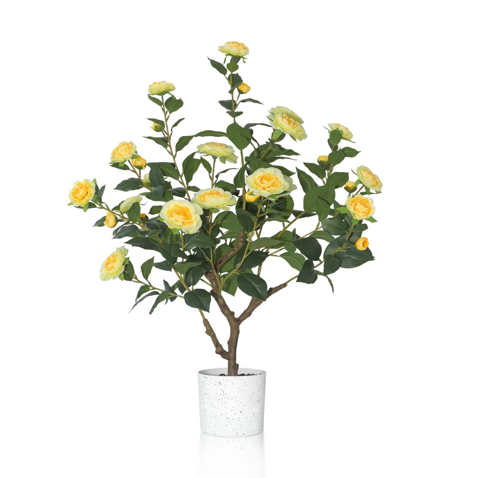 Artificial Camellia Tree, 3 feet (About 35 inches) Tall, Artificial Flower Plant Flowering Tree in Cement Pot, Green Potted Plant Indoor Outdoor Office Home Porch Decoration (Yellow)