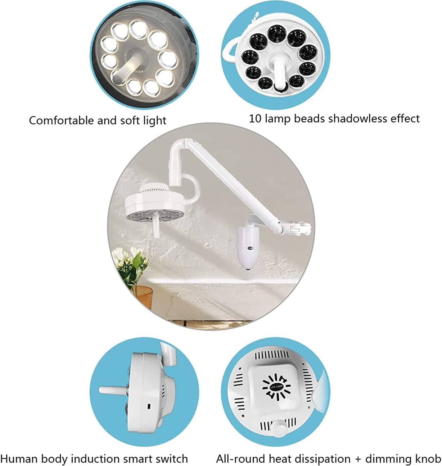 lámpara de quirófano médica Lámpara Sin Sombras For Examen Quirúrgico Montada En La Pared De 30 W, Rotación De 360 ​​​​°, Luz LED For Examen Médico, Luz Fría Dental, For Equipos Médicos De Laboratorio