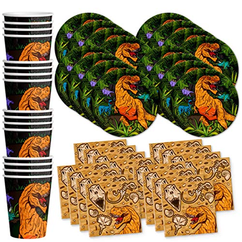 Roaring Dino Jurassic T-Rex Dinosaur Birthday Party Supplies - Dinosaur Decorations for Birthday Party - Dinosaur Birthday Set Plates, Napkins, and Cups | Tableware Kit for 16