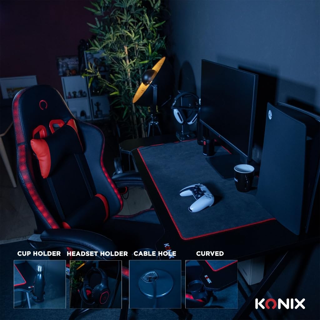Konix Scrivania gaming Fenris 120 x 60 x 78 cm a forma di Y - Piano del tavolo in legno e metallo - Portabicchieri - Supporto per cuffie - Nero