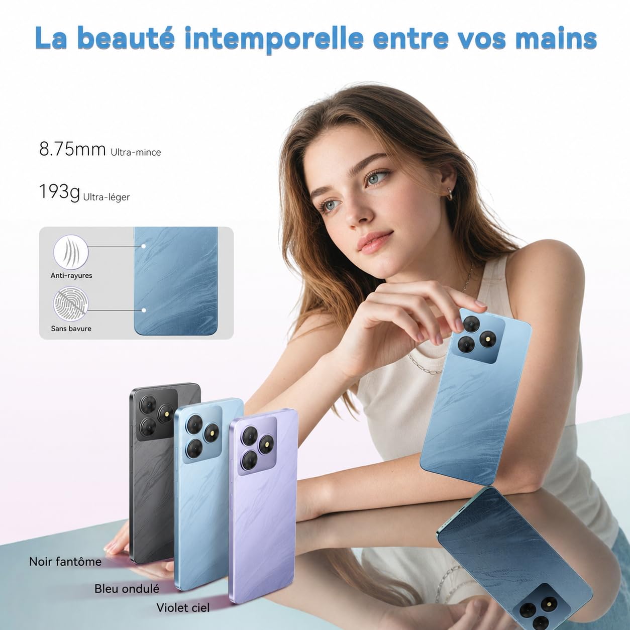 Telephone Portable Android, 6Go+64Go/TF 2To, Octa Core, Écran 6.56" HD+, Batterie 5000mAh Smartphone, 13MP+8MP, Smartphone Pas Cher 4G Dual SIM, Face ID/GPS/3Ans De Garantie - Bleu