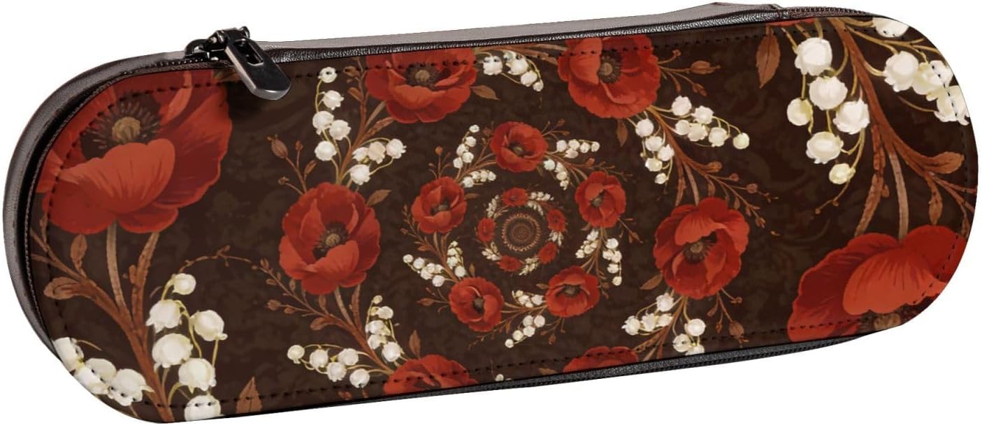 Red Poppies & Lily of the Valley Pencil Case Portable Stationery Bag for Office Use