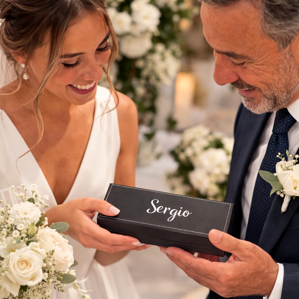 Pack 10 Bolígrafos Personalizados con Nombre – Caja Negra Efecto Cuero | Regalo Invitados Comunión, Boda o Bautizo | 2 BolígrafoS EleganteS Tinta Azul | Detalle para Profesor, Padrino, Testigo