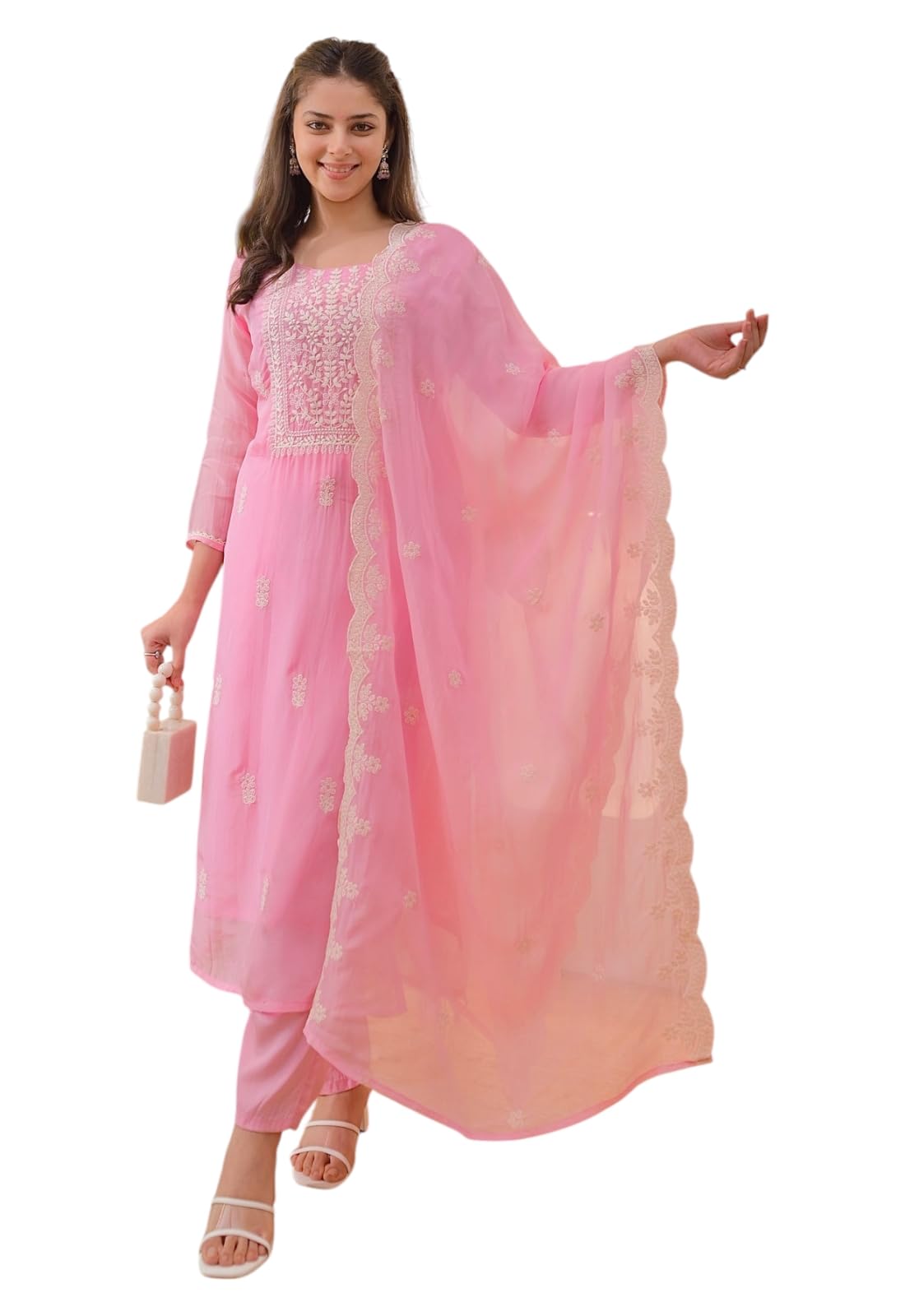 lookmark Women's Chanderi Chikankari Kurta Set with Dupatta Kurti with Pants Ethnic Traditional Outfit-picture-27