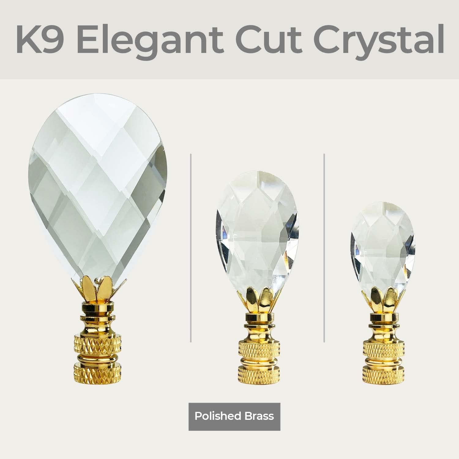 Royal Designs, Inc. Diamond Swiss Cut K9 Crystal Clear Finial for Lamp Shade, Polished Brass - Pack of 2 (Medium)