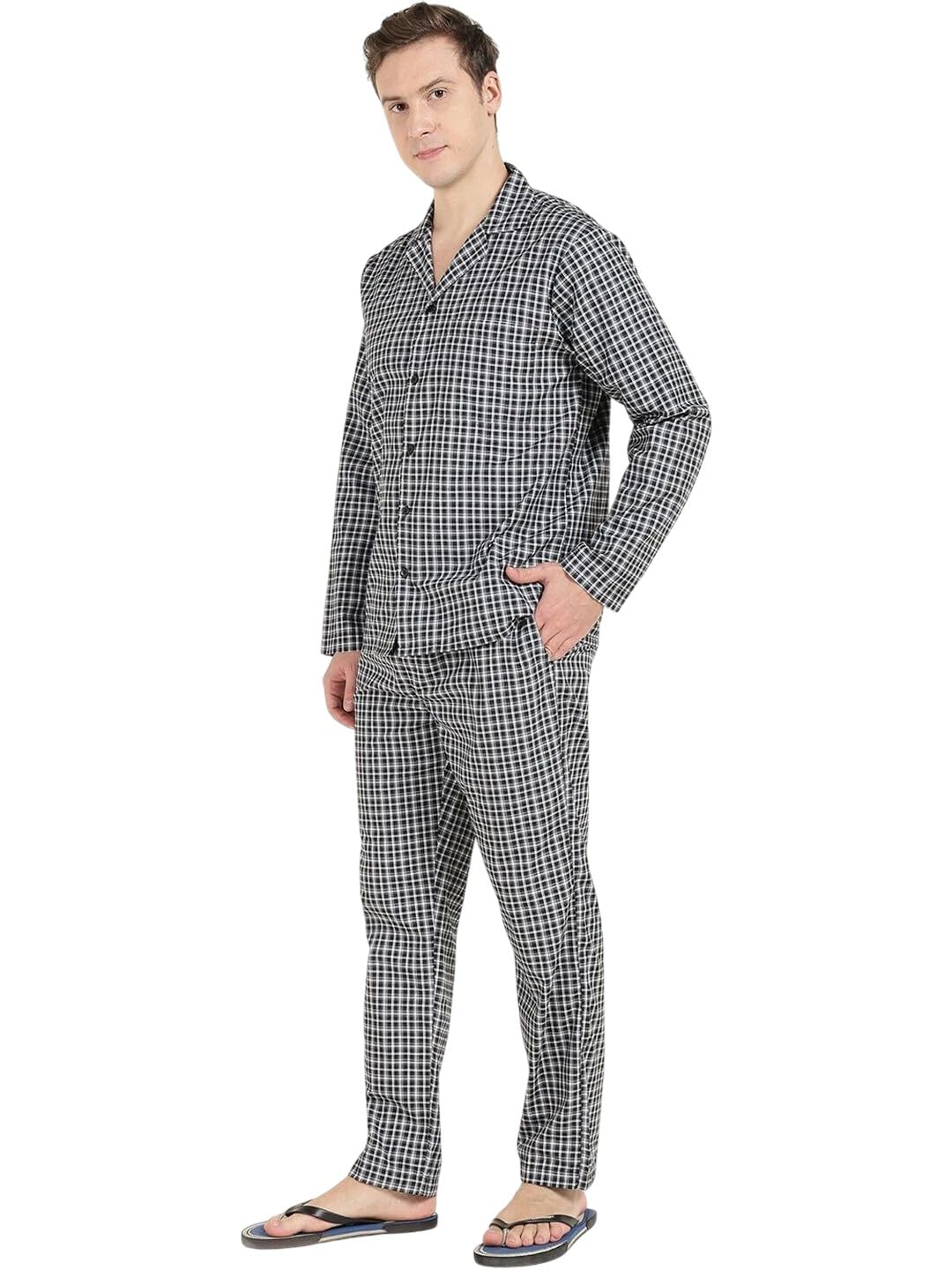 english navy Men Night Suit Set Black Checkered-picture-41