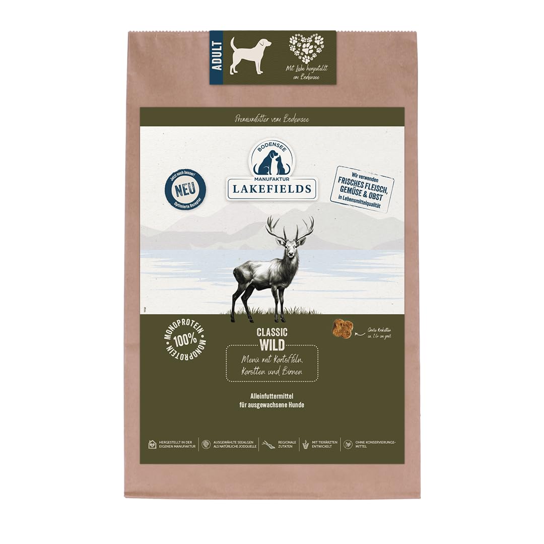 Lakefields Classic Hundefutter trocken | Wild 60% | 4 x 2,5kg | Getreidefreies Trockenfutter für ausgewachsene Hunde | Zutaten in Lebensmittelqualität | Kartoffel, Karotte & Birne | Schonend gebacken