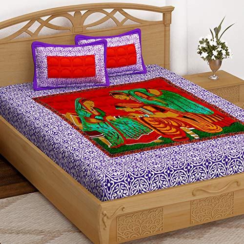 Image of Story@Home Vintage Jaipuri Collection 152 TC Cotton 1 Bedsheet for Double Bed and 2 Pillow Cover - Floral, Purple