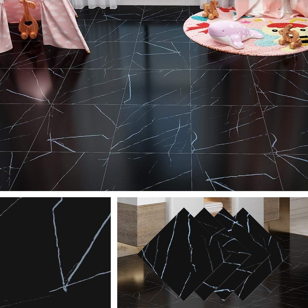 Livelynine Black Peel and Stick Floor Tile 32-Pack 12x12 Black and White Marble Vinyl Flooring for Kitchen Basement Bathroom Floor Tiles Peel and Stick Waterproof Self Adhesive Laminate Flooring 32-Tile Black